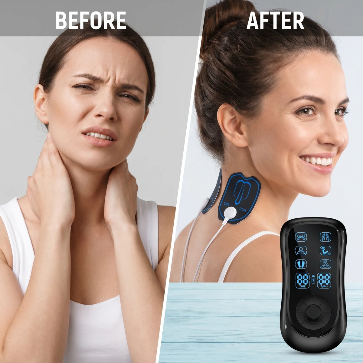 Dual Channel TENS EMS Muscle Stimulator Machine, 6 Modes 19 Intensity Levels Rechargeable Electric Pulse Massager, Full Body Pain Relief with 10 Reusable Electrode Pads