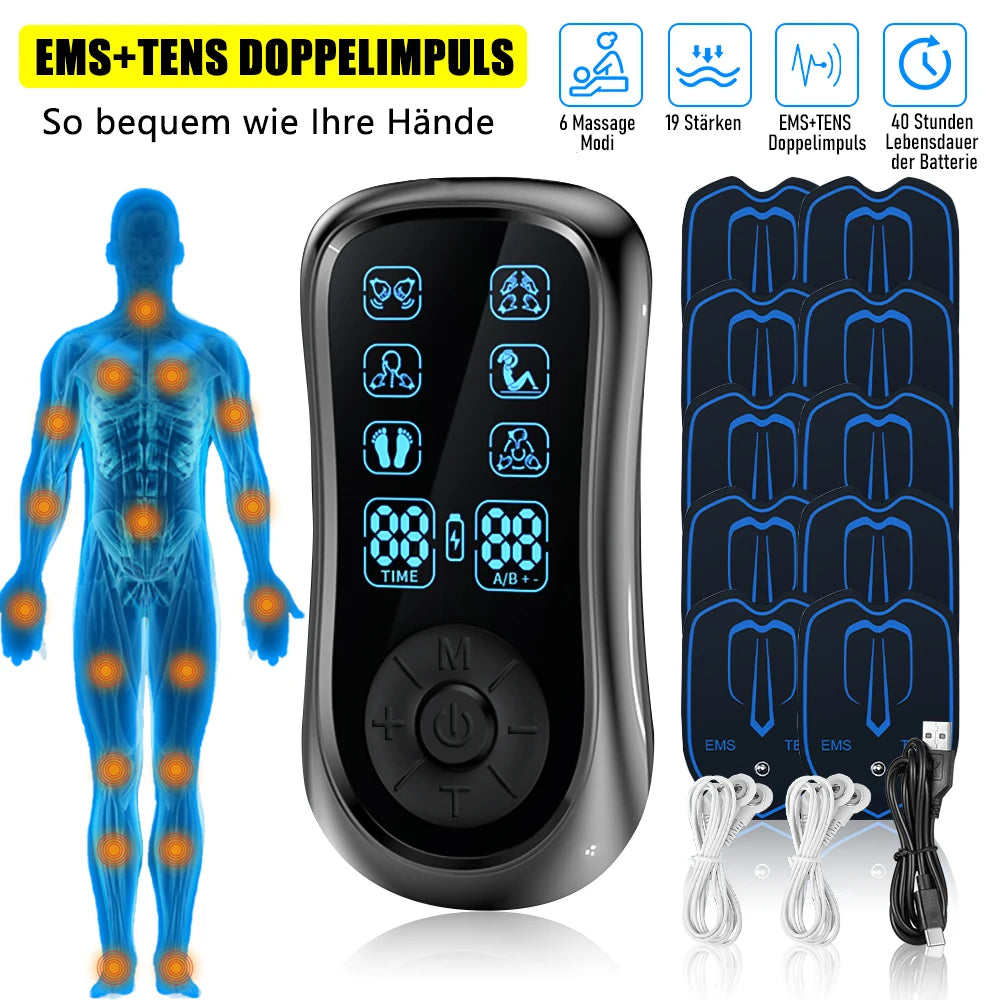 Dual Channel TENS EMS Muscle Stimulator Machine, 6 Modes 19 Intensity Levels Rechargeable Electric Pulse Massager, Full Body Pain Relief with 10 Reusable Electrode Pads