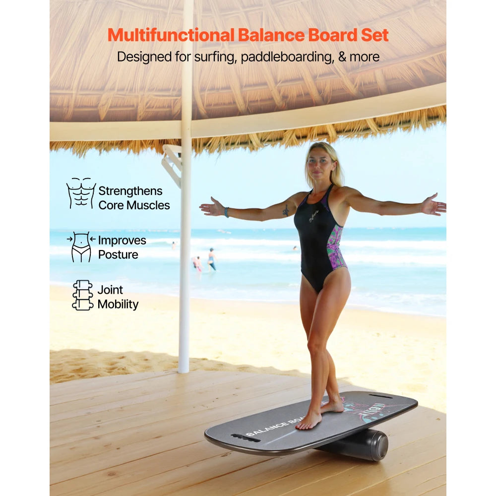 2-in-1 Wooden Balance Board Trainer with Roller for Core Workouts