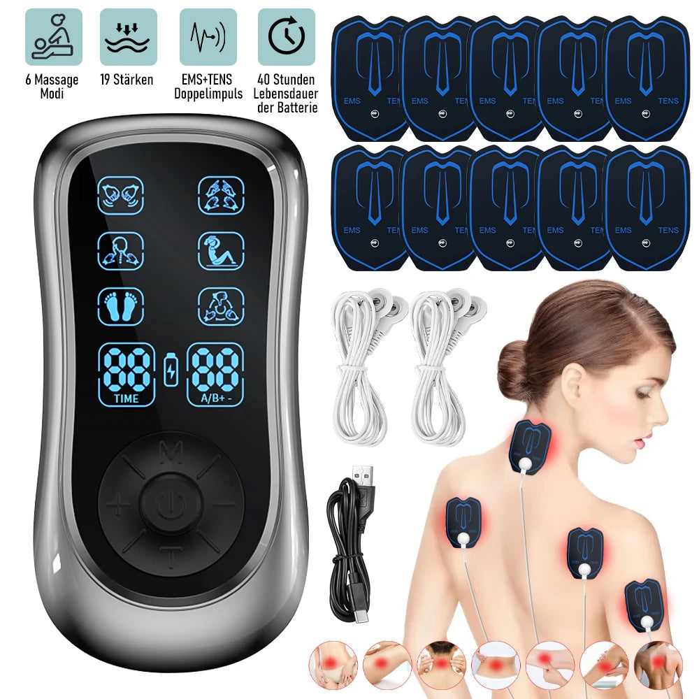 Dual Channel TENS EMS Muscle Stimulator Machine, 6 Modes 19 Intensity Levels Rechargeable Electric Pulse Massager, Full Body Pain Relief with 10 Reusable Electrode Pads