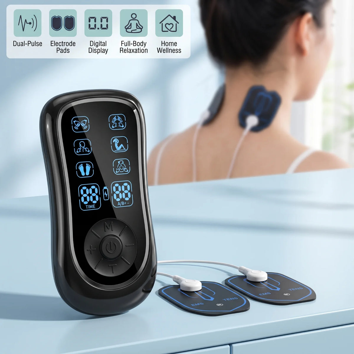 Dual Channel TENS EMS Muscle Stimulator Machine, 6 Modes 19 Intensity Levels Rechargeable Electric Pulse Massager, Full Body Pain Relief with 10 Reusable Electrode Pads